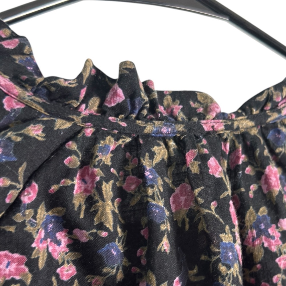 Free People‎ Meant To Be Floral Black Pink Women Large Puffy Sleeve Boho Top - Picture 6 of 9